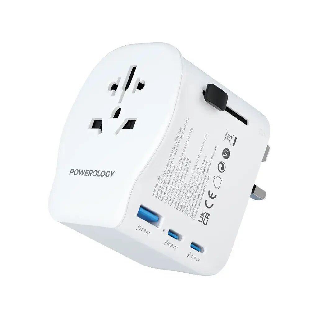 Универсальная зарядка Powerology Universal Travel Adapter, мощность 2300 Вт, с разъёмами USB и Type-C