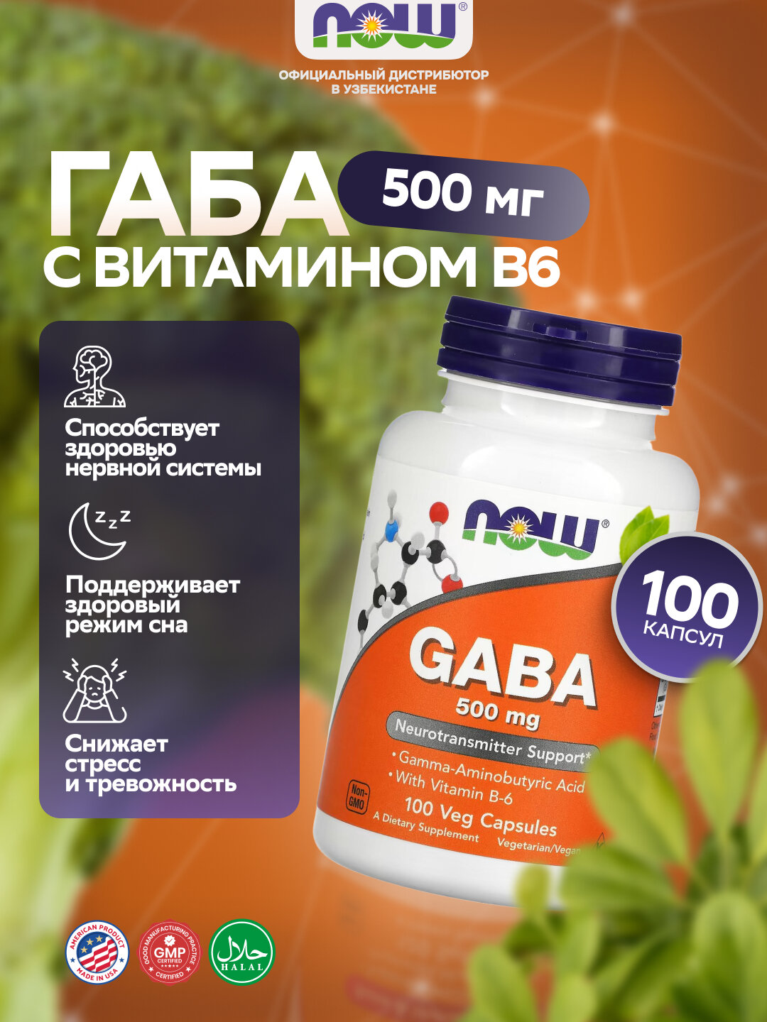 NOW Supplements, габа, гамма-аминомасляная кислота, 500 мг + B-6 Витамин, Халяль