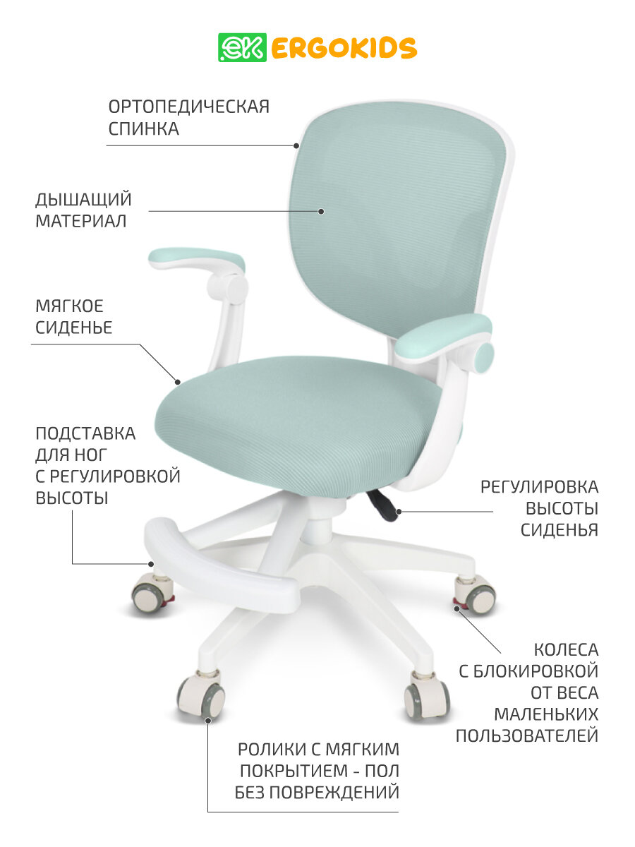 Растущее компьютерное детское кресло с подлокотниками Ergokids Soft Air Plus Y-240 зеленое — фото 1