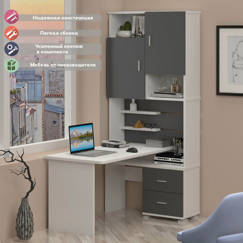 Изображение товара Стол компьютерный Мэрдэс СР-720/140 бегбе-прав Белый/Графит/Белый, с полками, с ящиками, 96х140х216 см