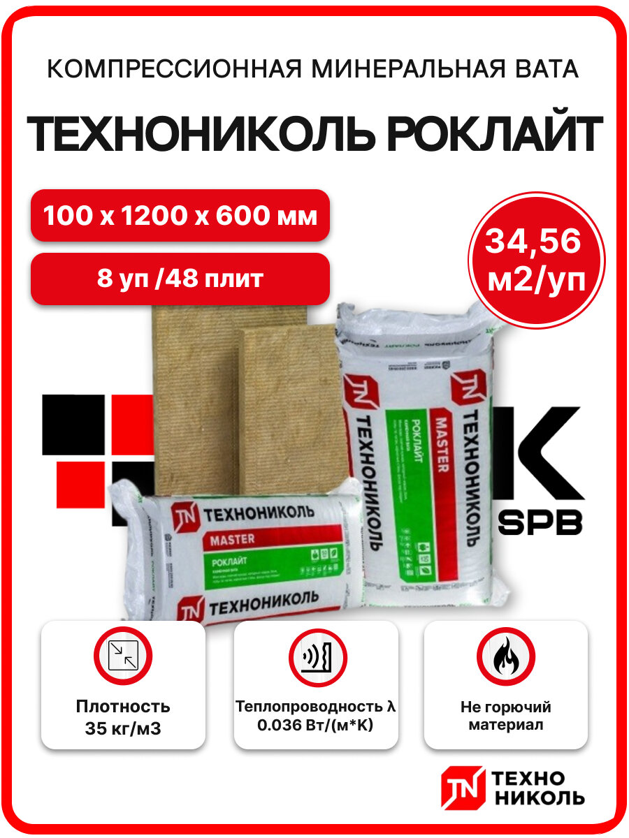 Технониколь Роклайт компрессия 100 мм (8 уп/48 плит /3456 м2) минеральная вата для стен пола кровли