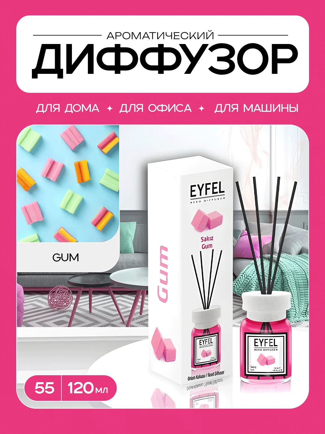 Ароматический диффузор Eyfel "Bubble Gum", для дома и авто, жидкий, 55мг