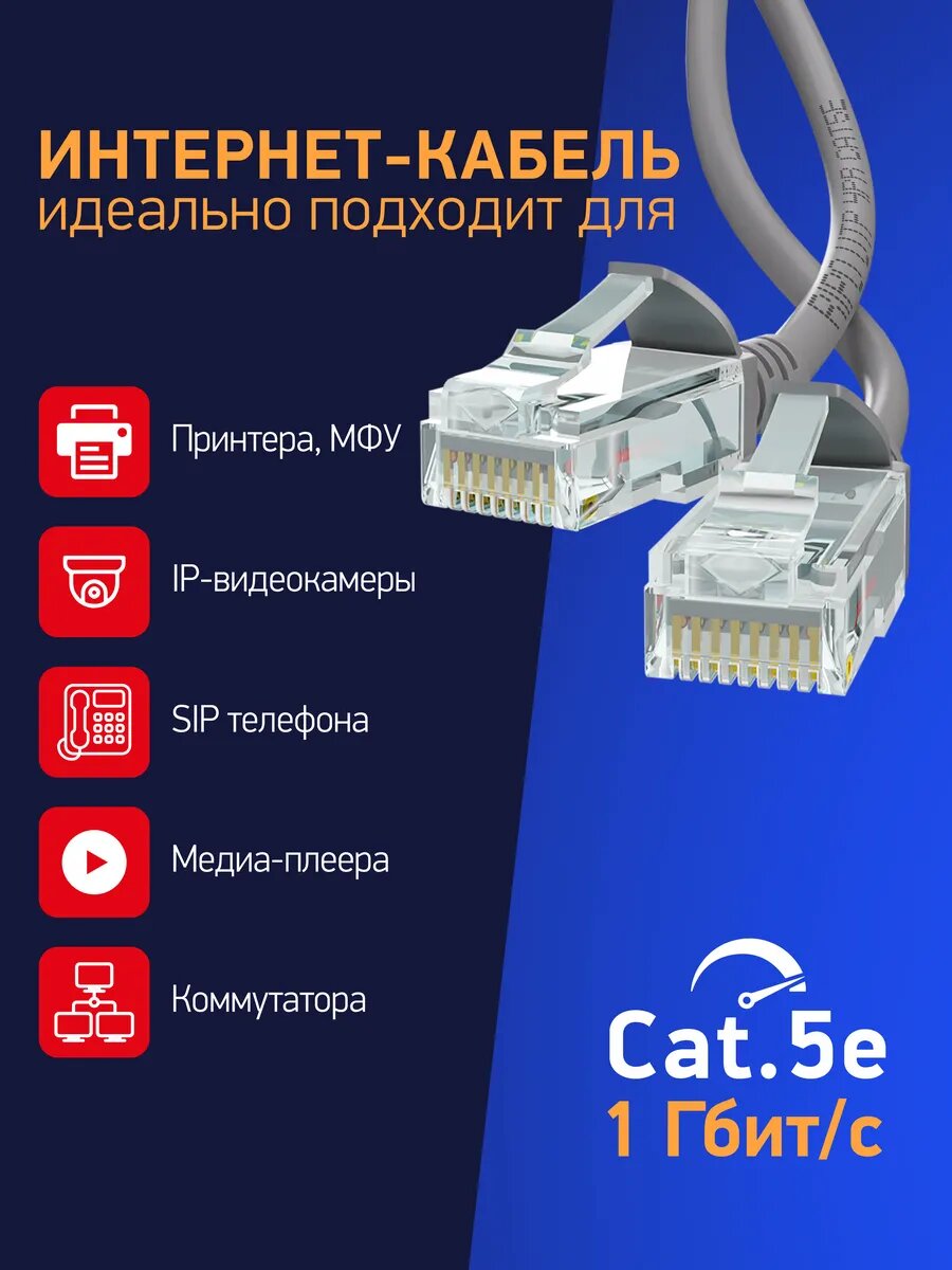 Патч корд, витая пара UTPCat5E RJ45 10 м серый — фото 1