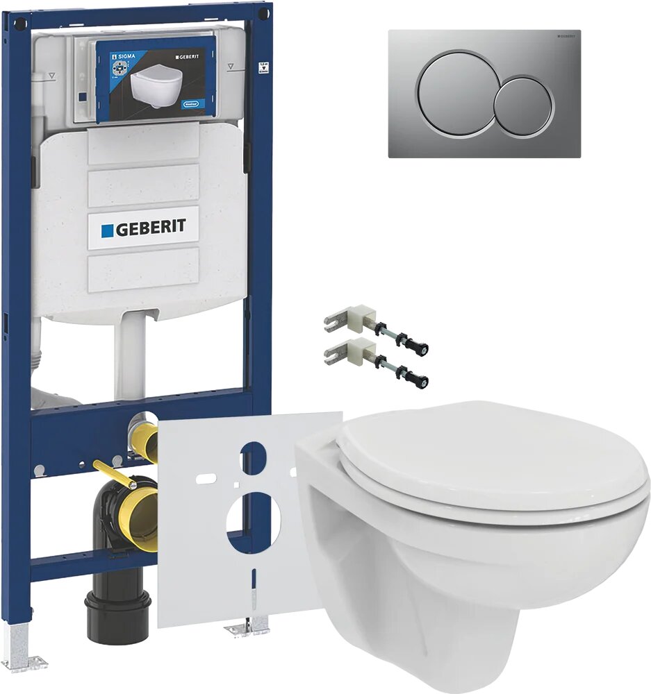 Комплект Унитаз подвесной Ideal Standard Eurovit K881201 безободковый / Крепления Geberit Duofix к стене / Инсталляция UP 320 111.300.00.5 Кнопка Sigma лакированная матовый хром Шумоизоляция