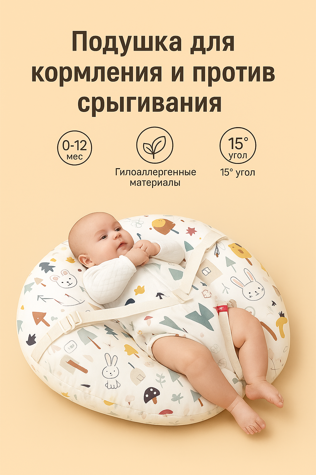 Подушка для кормления, двусторонний чехол, хлопок, от 0 до 12 мес