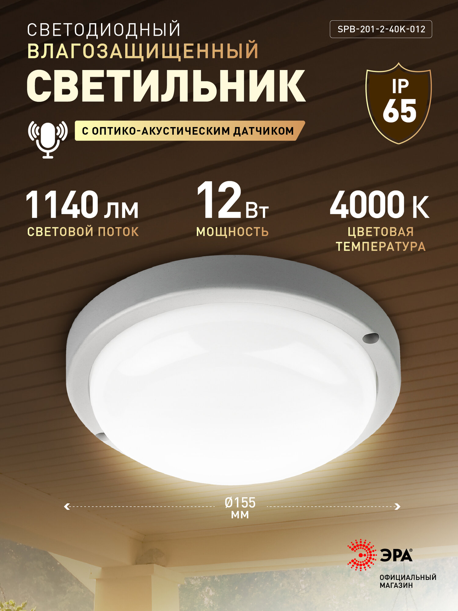 Светильник настенно-потолочный уличный ЭРА SPB-201-2-40K-012 светодиодный IP65 с датчиком 4000K12Вт