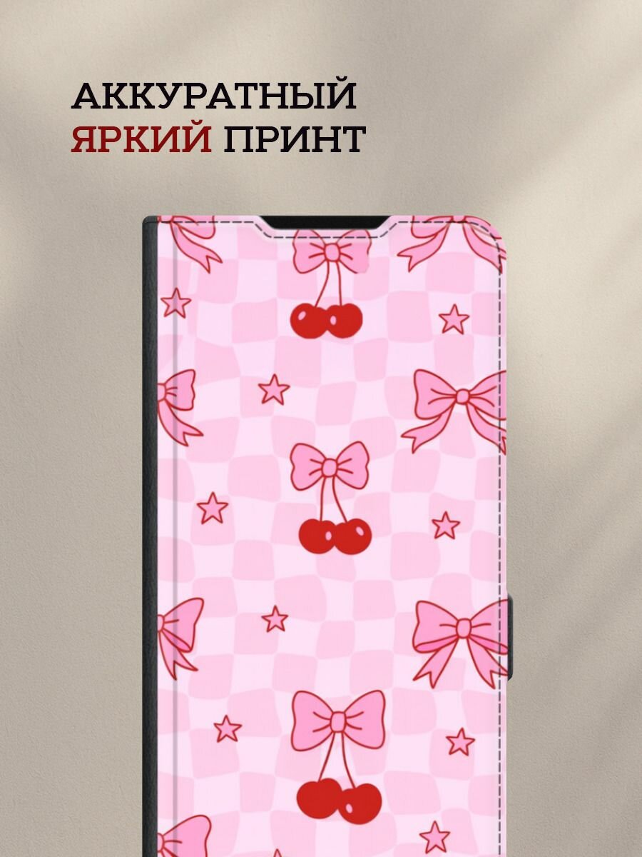 Чехол-книжка на Xiaomi Redmi 14C/Poco C75 4G/Redmi A4 5G/Poco M7 5G с принтом Вишенки и бантики, черный — фото 1