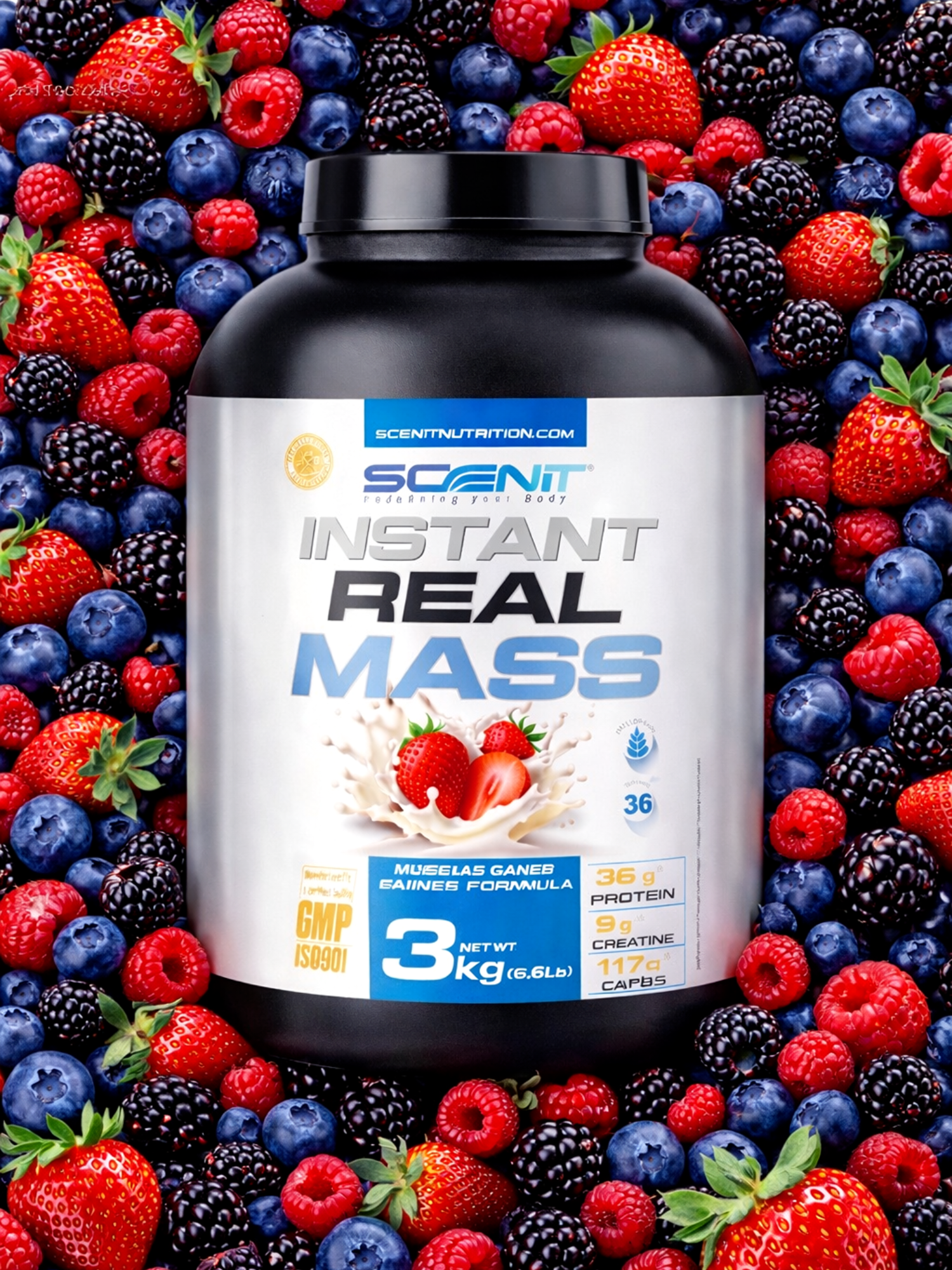 Гейнер, REAL MASS INSTANT, Scenit Nutrition,50г протеина, 5000 ккал, Клубника,3 кг