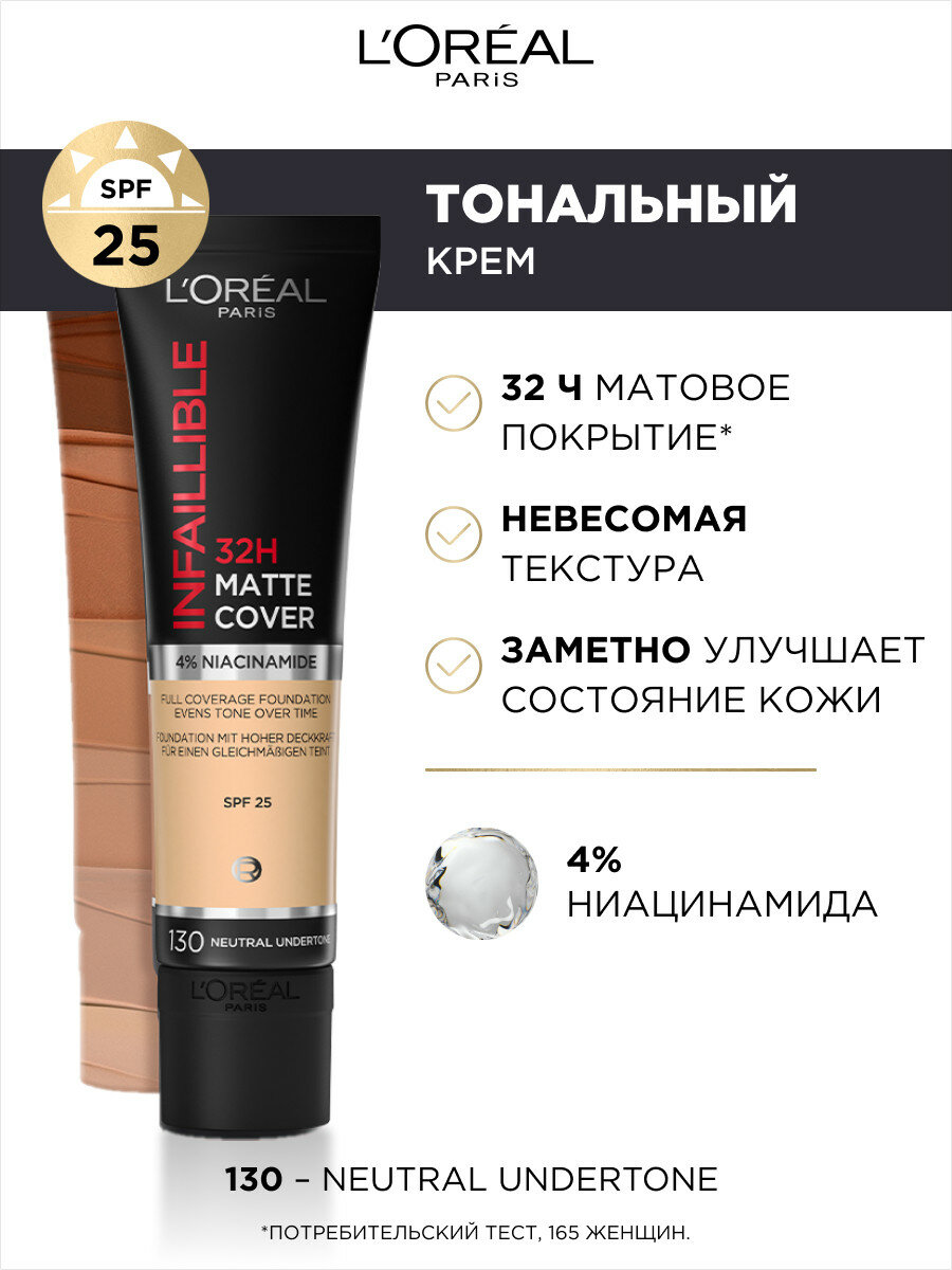 Ультраматирующий cтойкий тональный крем INFAILLIBLE 32ч Матовое Покрытие, тон 130, 30мл