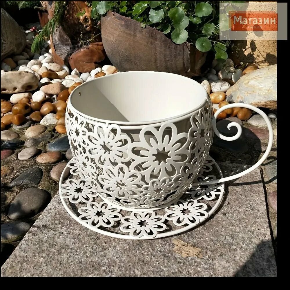 Кашпо белое，Кофейная чашка из кованого железа цветочный горшок，30см х 19см х 15см 1 шт