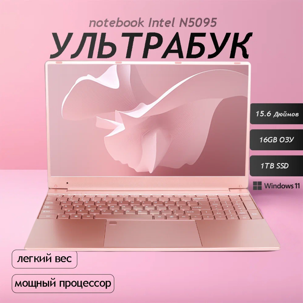Ноутбук 15.6", Intel Celeron N5095 (2.9 ГГц), RAM 16 ГБ, SSD 1ТБ, Intel UHD Graphics, Windows 11 Pro, Розово-золотой Русская раскладка