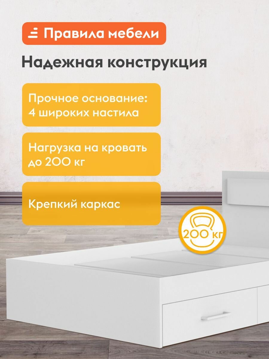 Двуспальная кровать Жаклин 160х200 см, деревянная, с основанием настил, с ящиками, Белый — фото 1