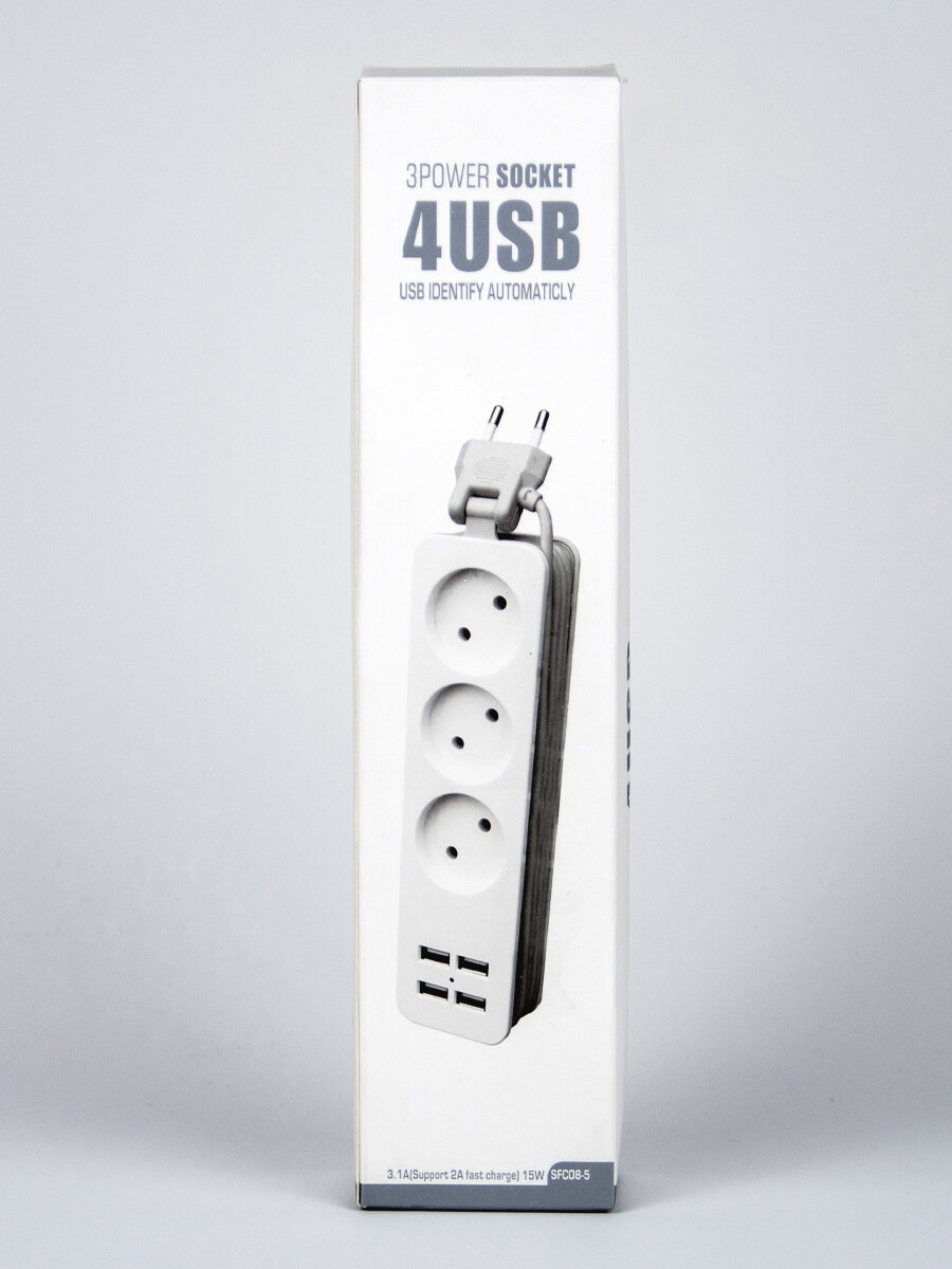 Удлинитель Extension SFCO8-5, белый, кабель 1,8 м, 3 розетки, 4 USB порта — фото 1