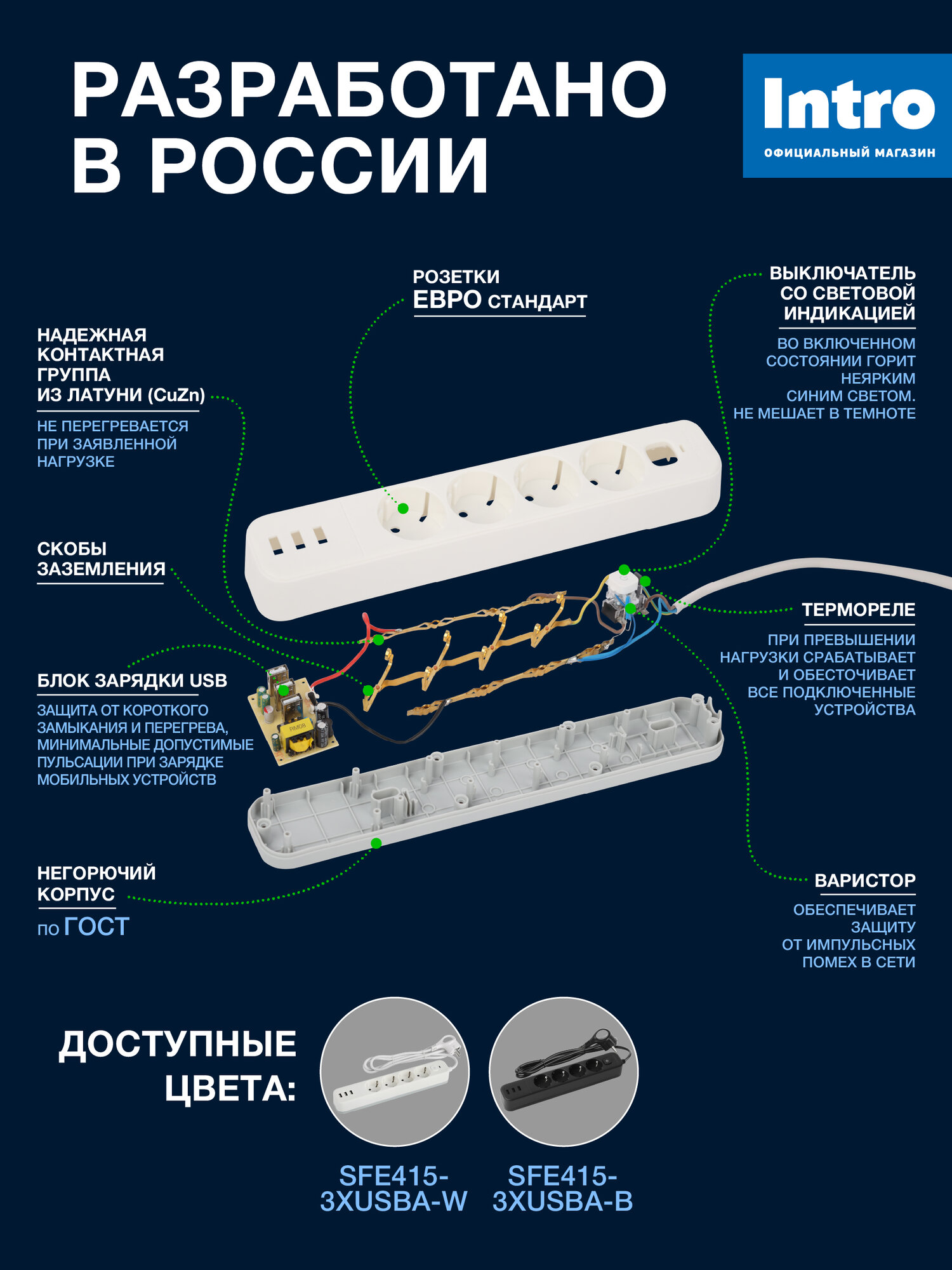 Сетевой фильтр Intro SFE415-3xUSBA-W с базовой защитой с заземлением с выключателем 4 розетки+3xUSBA 3,1A 1,5м 10А белый — фото 1
