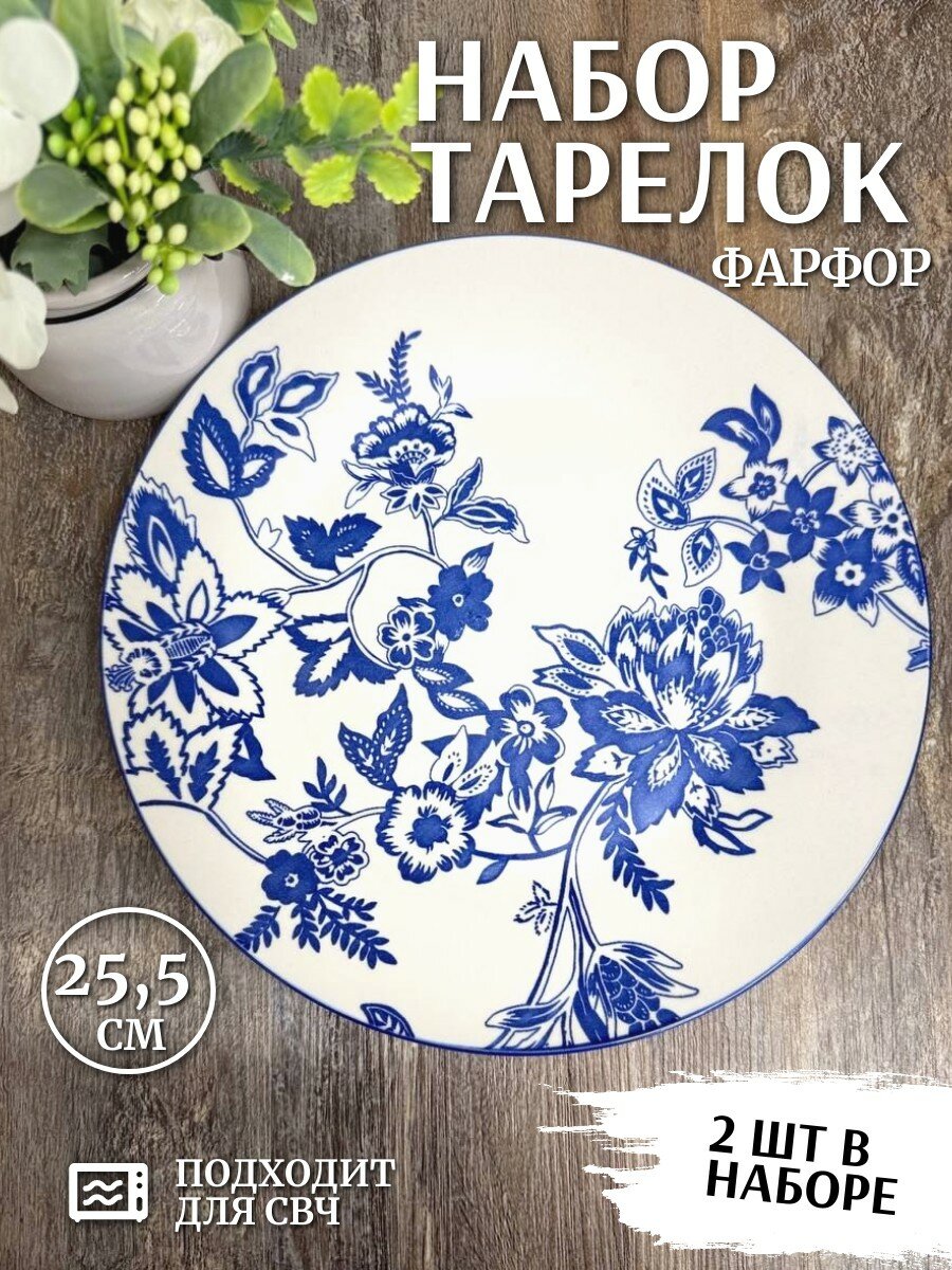 Набор тарелок "Аура" Фокус, 2 шт, диаметр 25,5см, фарфор, синие/белые