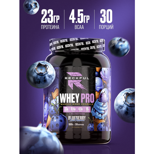 Сывороточный протеин без сахара Reckful Whey Pro Protein 900 гр со вкусом черничного мороженного