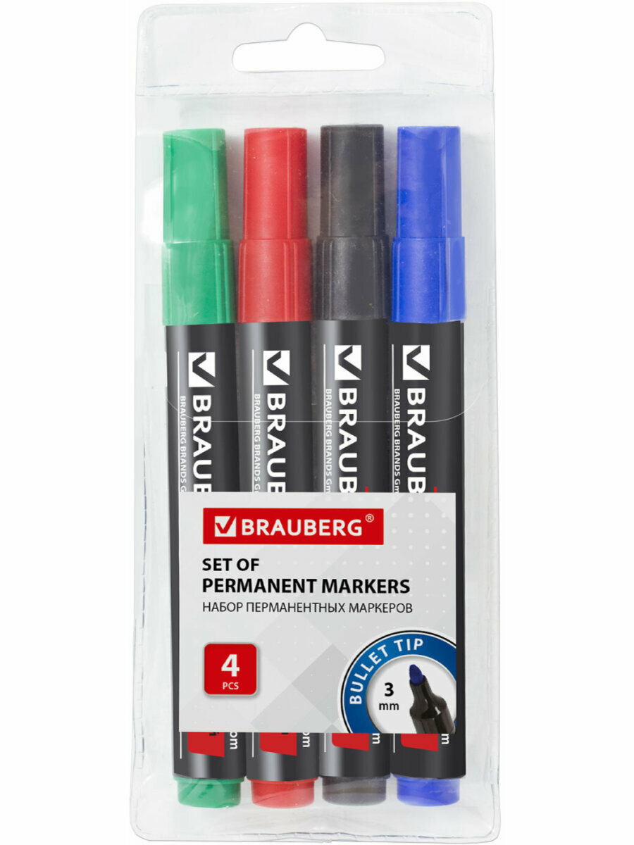 Маркеры перманентные Brauberg Contract Набор 4 Цвета круглый наконечник 3 мм 150474