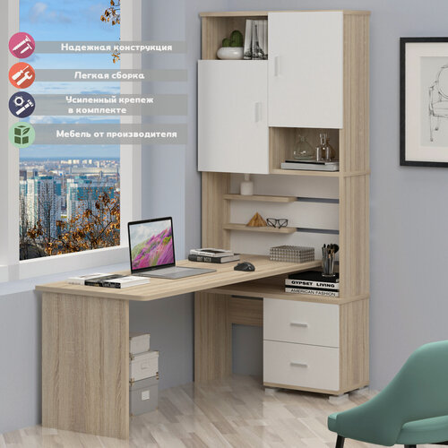 Изображение товара Стол компьютерный Мэрдэс СР-720/180 сбес-прав Сонома/Белый/Сонома, с полками, с ящиками, 96х160х216 см, ЛДСП, угловой