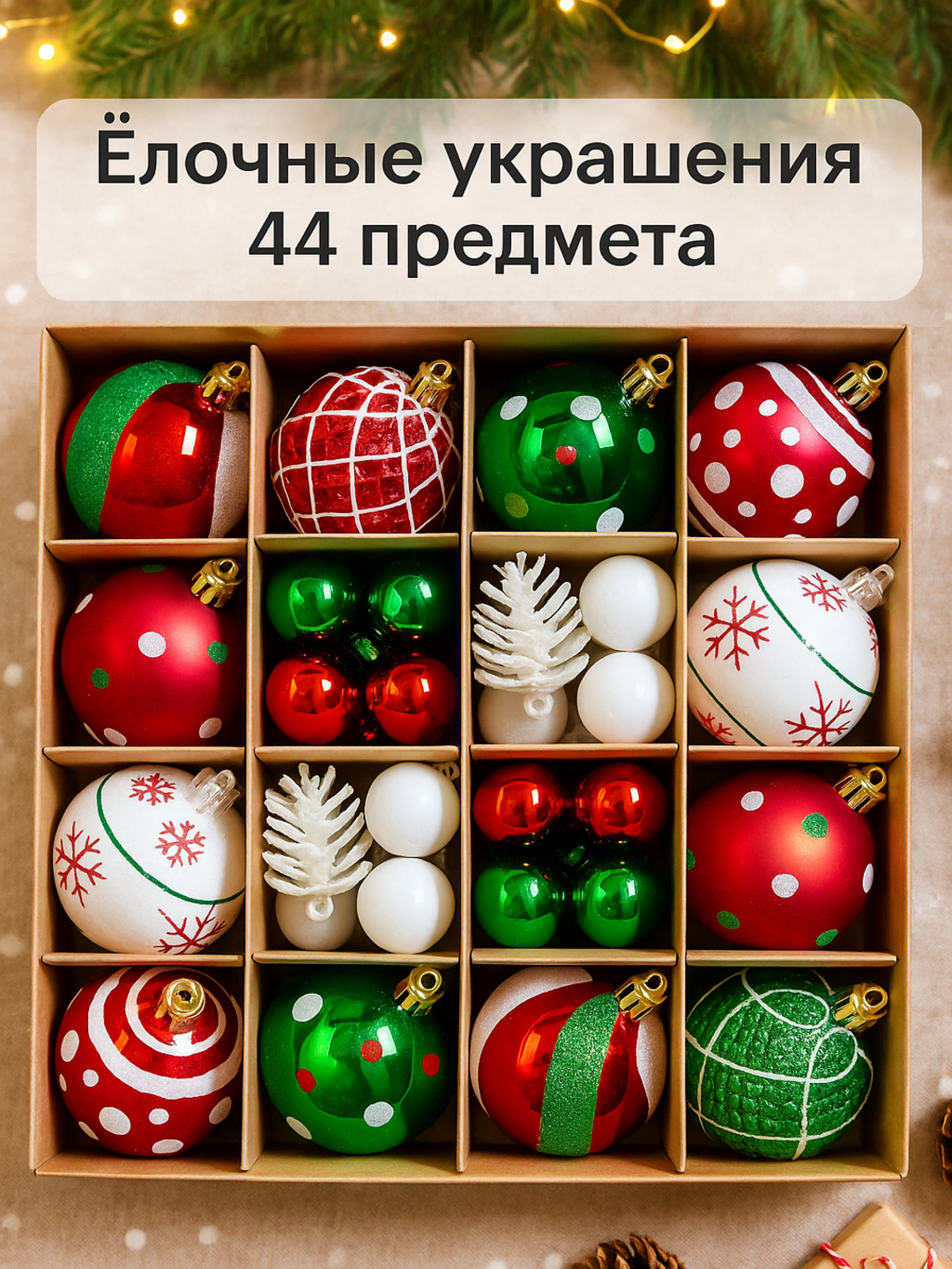 Новогодний набор елочных игрушек украшении и шаров 44 шт