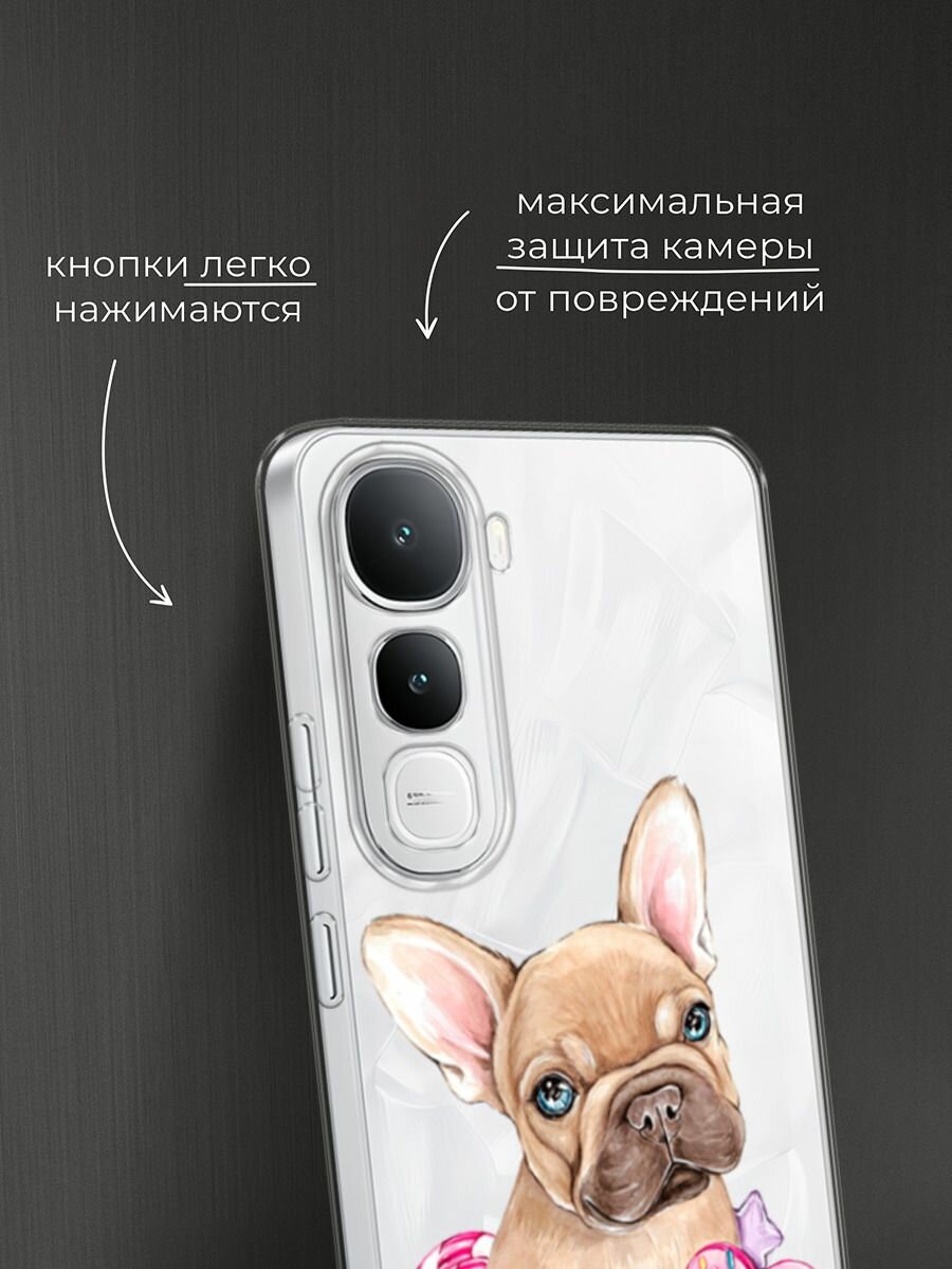 Чехол на Vivo IQOO Z10 Lite 4G / Виво IQOO Z10 Лайт 4G с принтом "Бульдог и сладости", прозрачный — фото 1