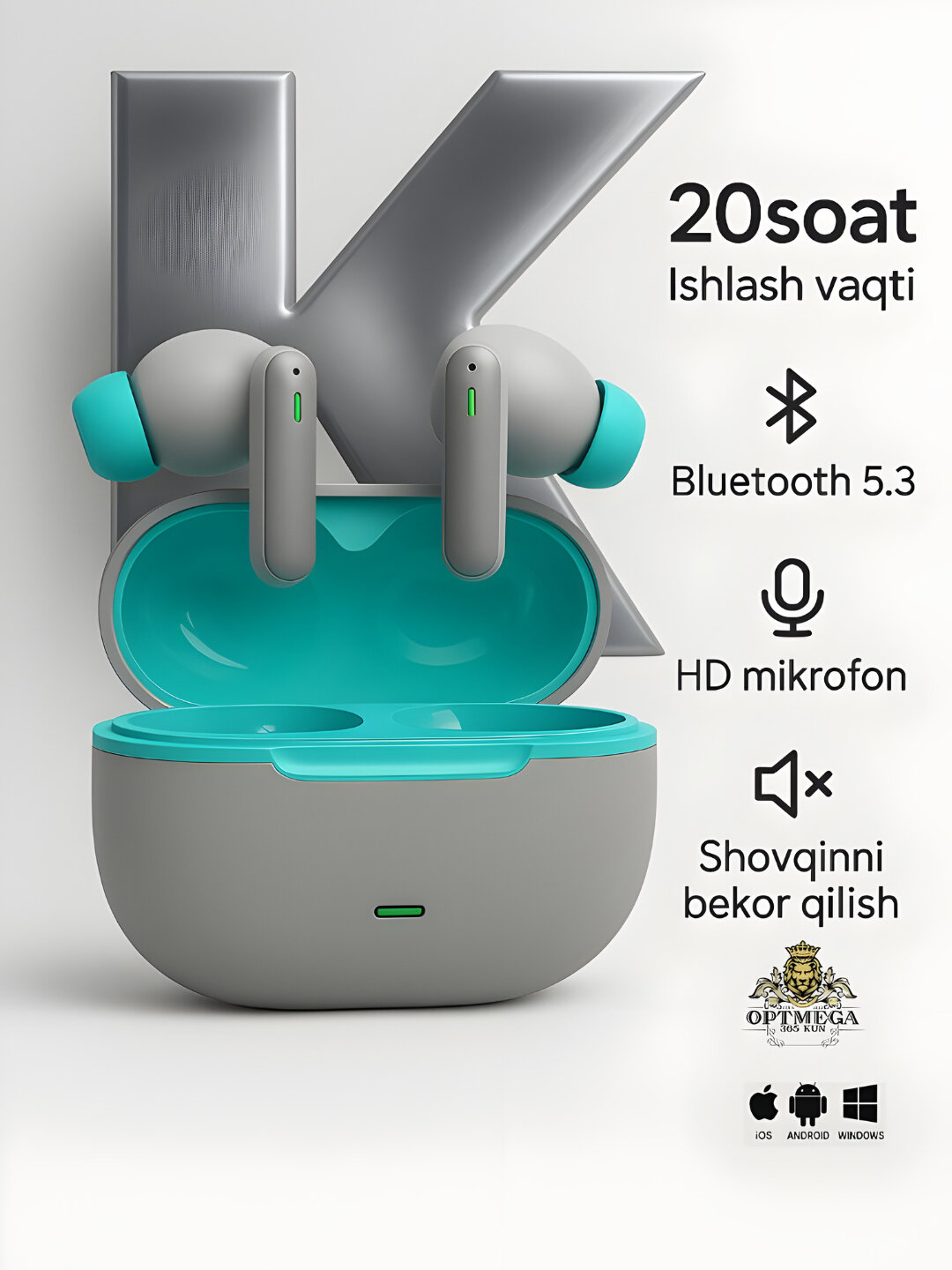 Наушники беспроводные, сенсорные с bluetooth для iPhone и Android. XK01 - Бирюзовый