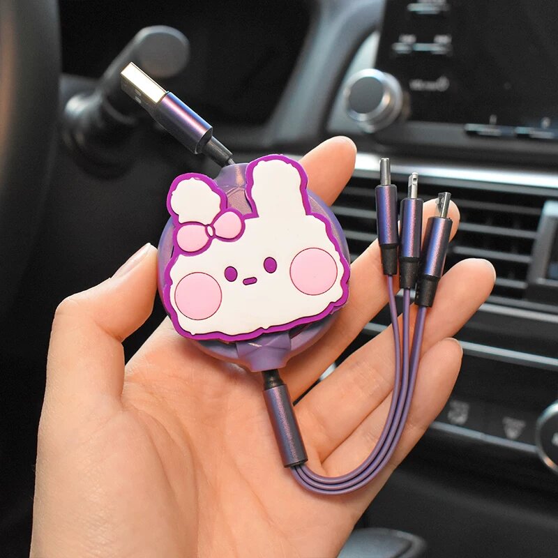 Автомобильное USB-зарядное устройство 3-портовое с выдвижным кабелем, белый кролик, высокоскоростная зарядка