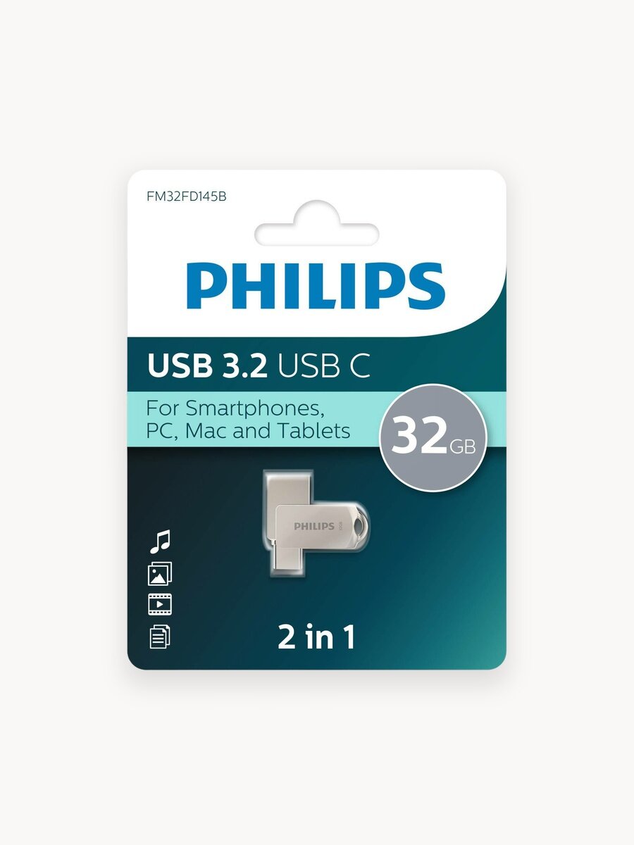 Флеш накопитель 32Gb PHILIPS 2-in-1 USB 3.2 USB C, OTG, USB 3.2/Type-C, Металл, 100 MB/s