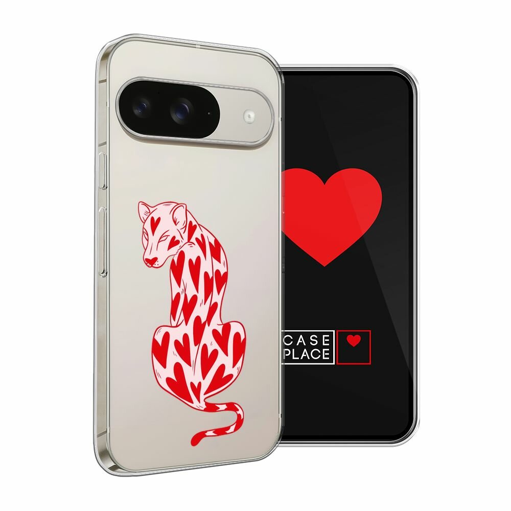 Чехол на Google Pixel 9 / Гугл Пиксель 9 с принтом "Heart panther 2 - 14 февраля", прозрачный — фото 1