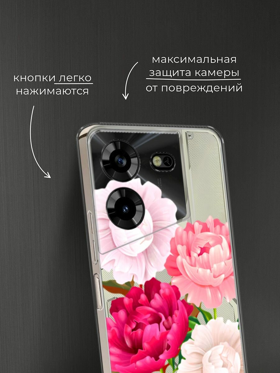 Чехол на Tecno Pova 5 / Техно Пова 5 с принтом "Большие пионы", прозрачный — фото 1