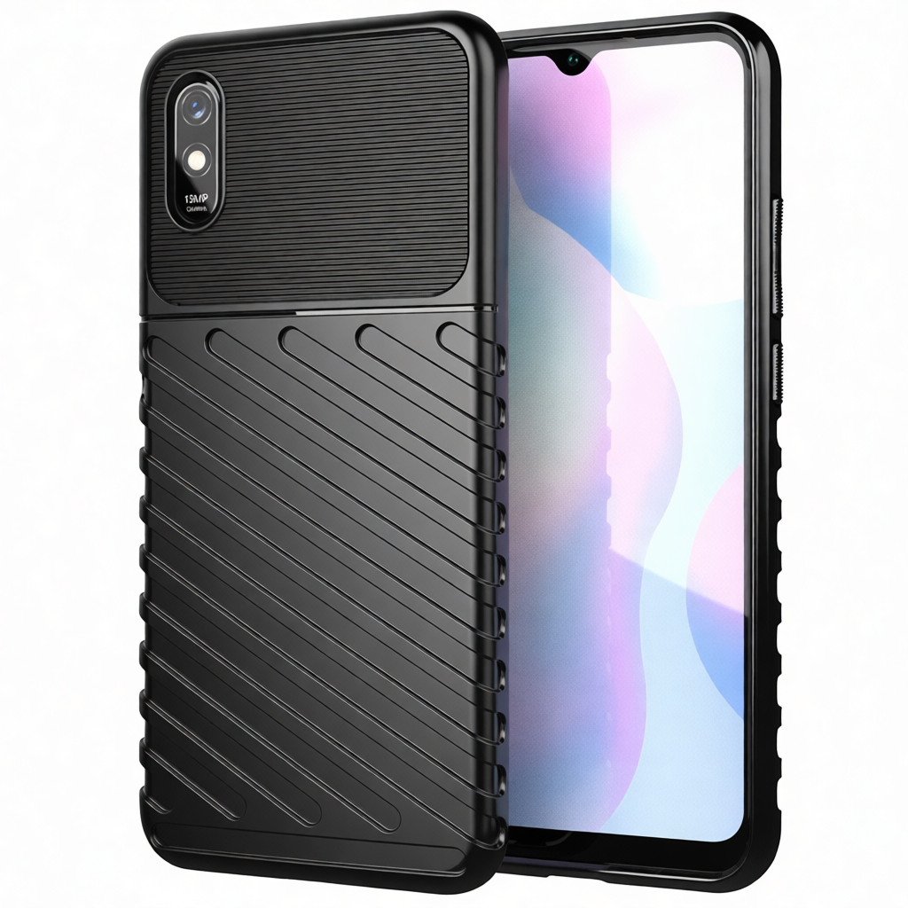 Чехол панель-бампер для Xiaomi Redmi 9A из прочного силикона с матовой отделкой под карбон черный