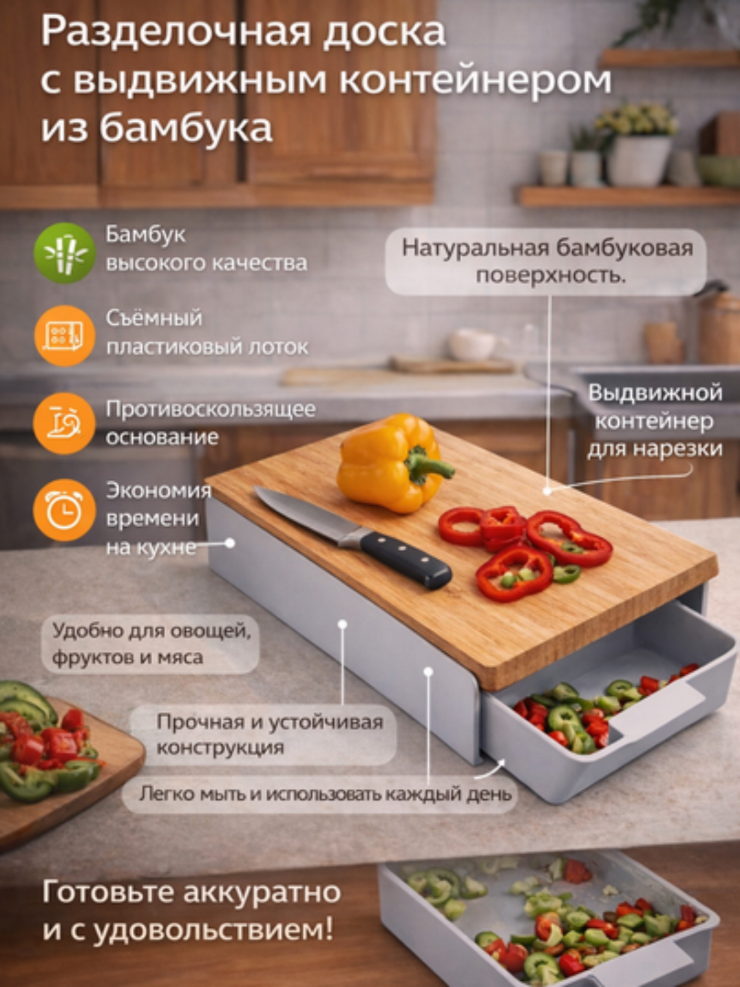 Разделочная доска для нарезки из бамбука с выдвижным контейнером, для кухни