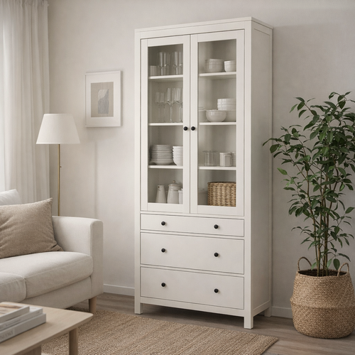 Изображение товара Шкаф-витрина IKEA Сага , белый, 2 двери, 3 ящика, 90x41x215 см