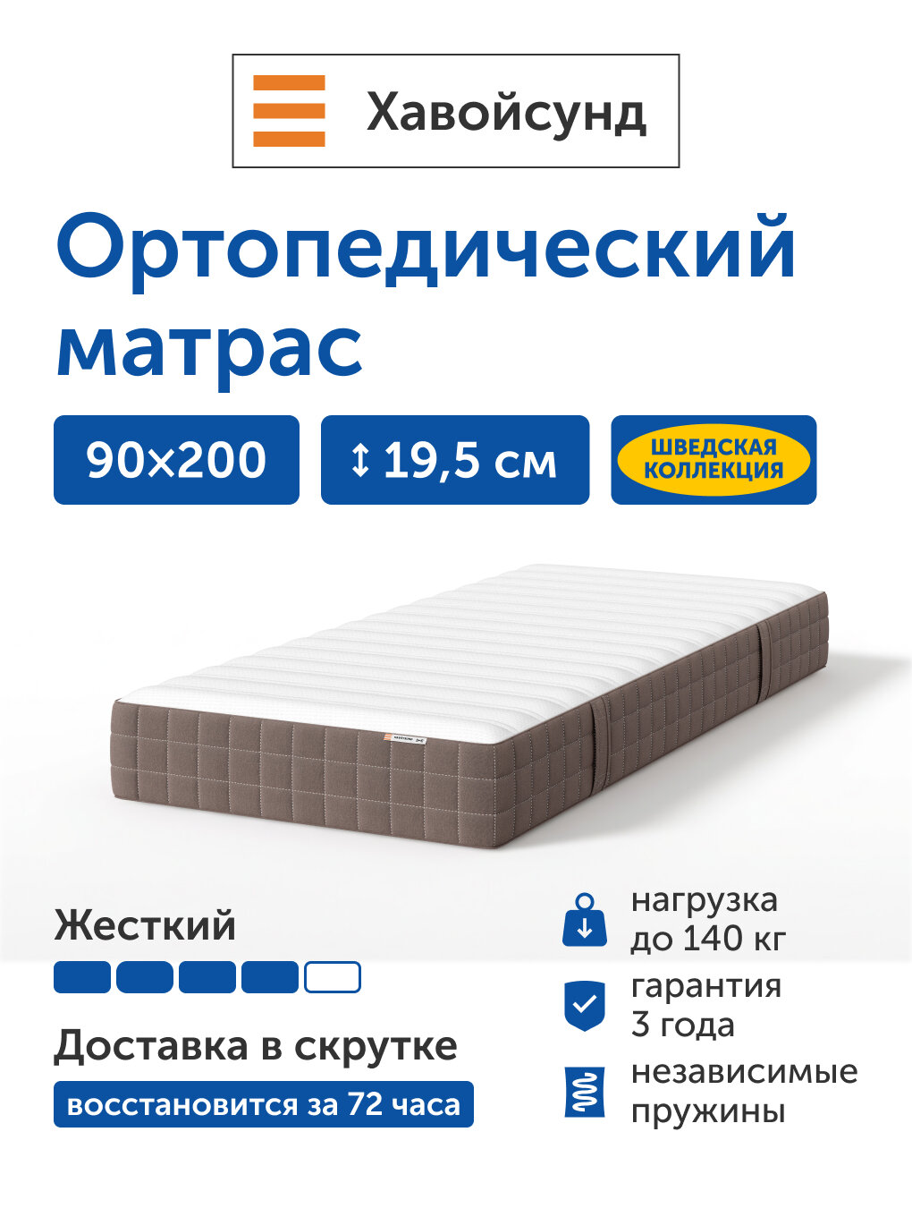 Ортопедический матрас IKEA/Икеа Хавойсунд, независимые пружины, 90х200 см