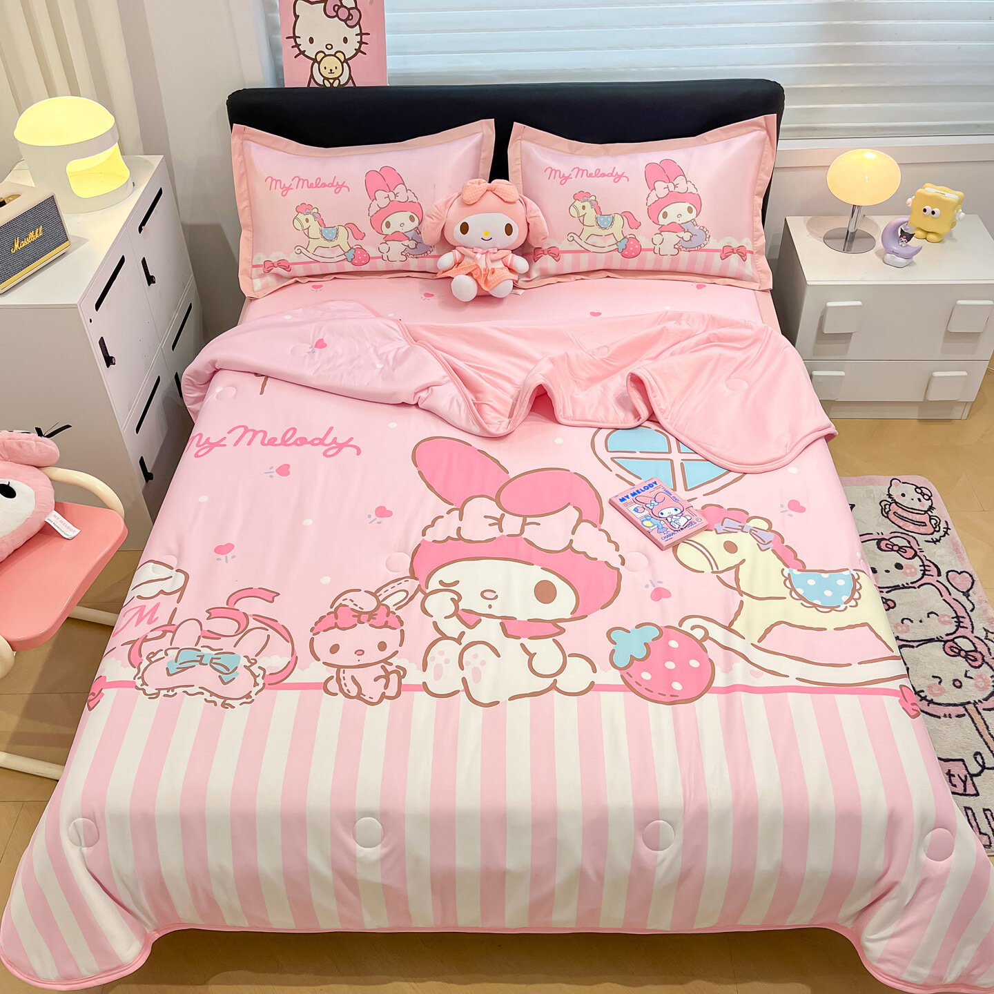 Летнее одеяло Sanrio Полосатая My Melody 200x230см Охлаждающее Шелковое Цифровая Печать Стирка Кондиционерное Одеяло