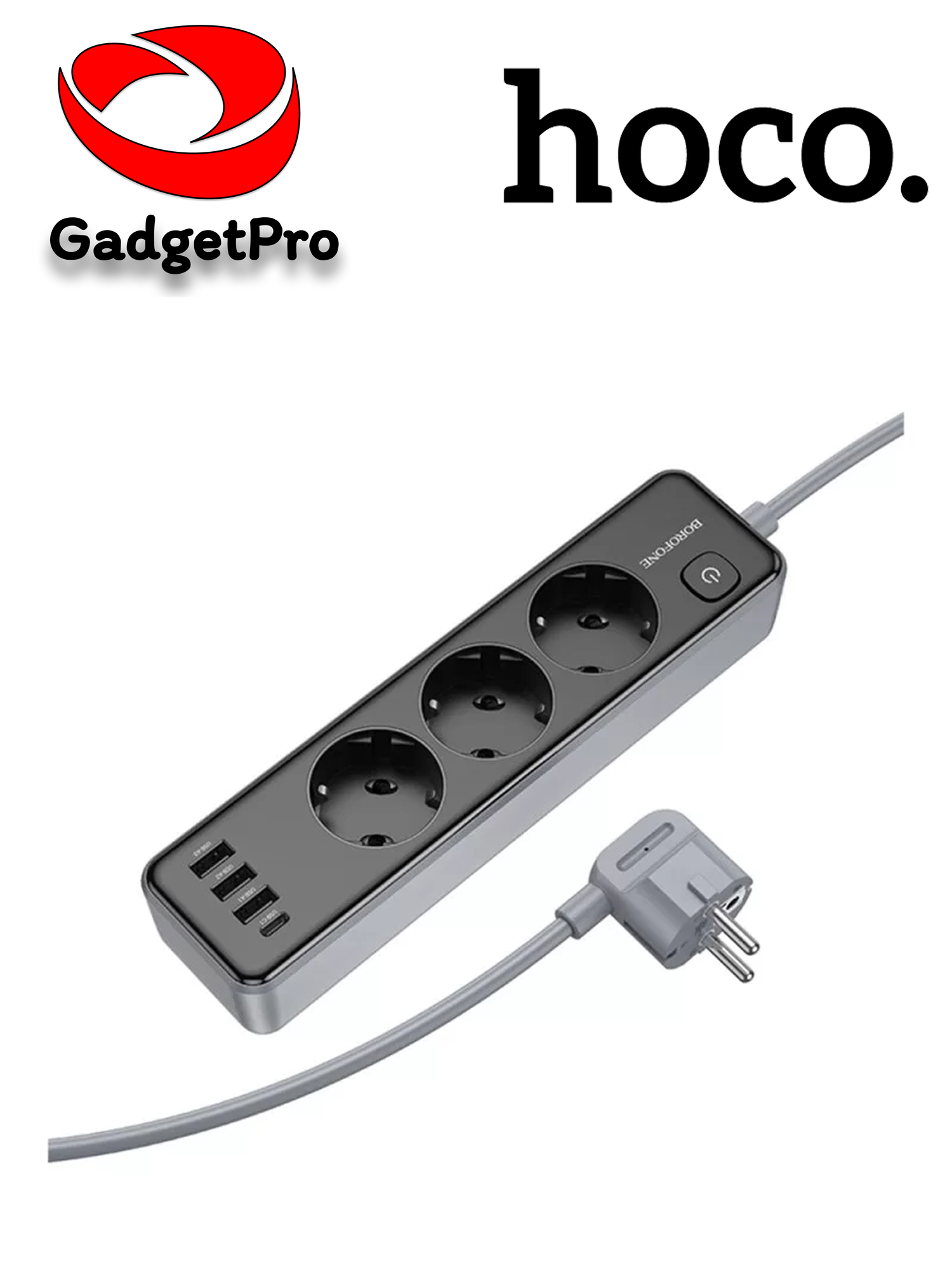 Сетевой удлинитель Borofone BAC8, 3 розетки + 4 USB, кабель 3м, 2500Вт, черный