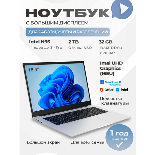 184 Ноутбук BIG More BIG 2025 Intel N95 RAM 16 ГБ DDR4 SSD 1 ТБ FHD IPS Windows 11 Pro - русская клавиатура 58900₽