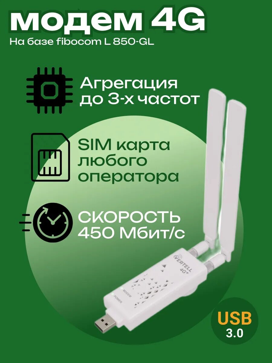 Универсальный USB Модем Vertell LONG M.2 Fibocom L850-GL+Sim-карта в подарок