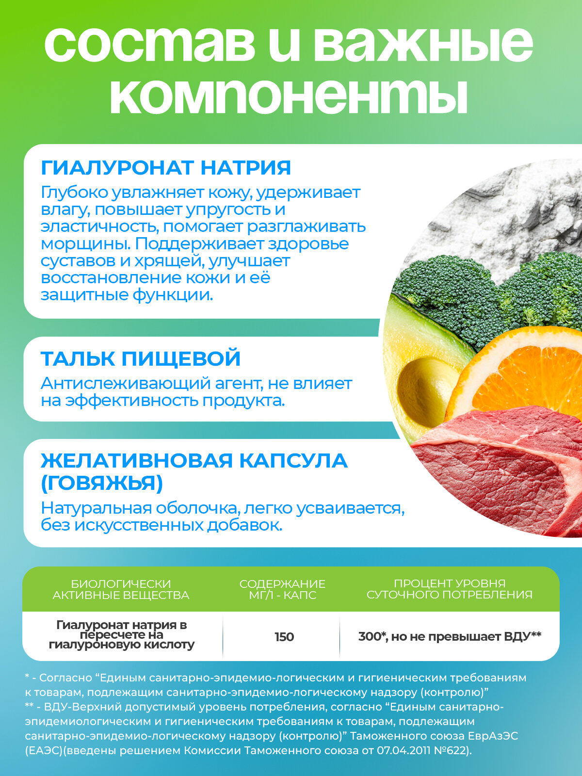 Гиалуроновая кислота + Витамин С 150 мг 60 капсул, витамины для лица, кожи и суставов — фото 1