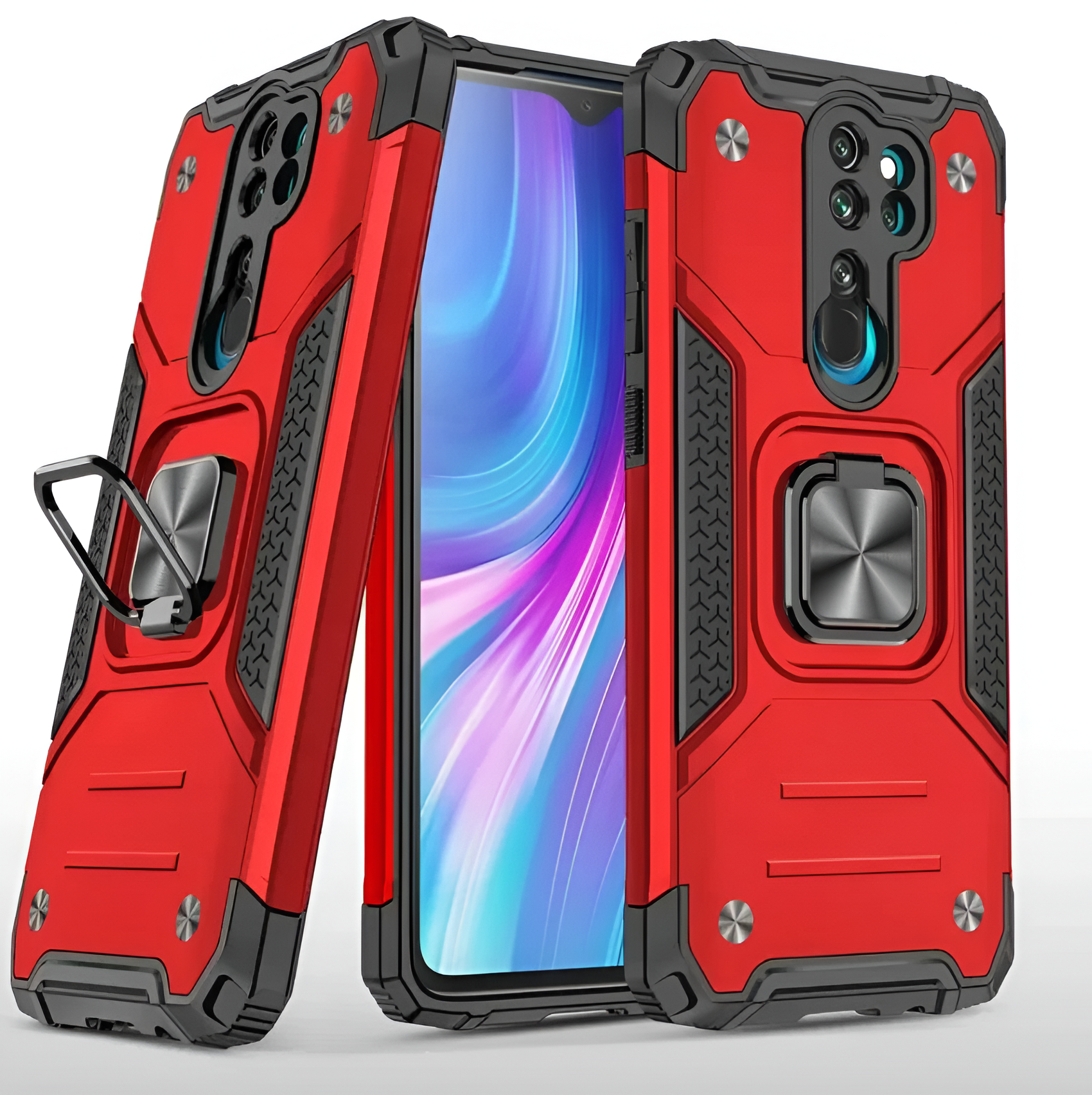 Противоударный чехол для Xiaomi Redmi Note 8 Pro красный с пластиной для магнитного автодержателя и кольцом