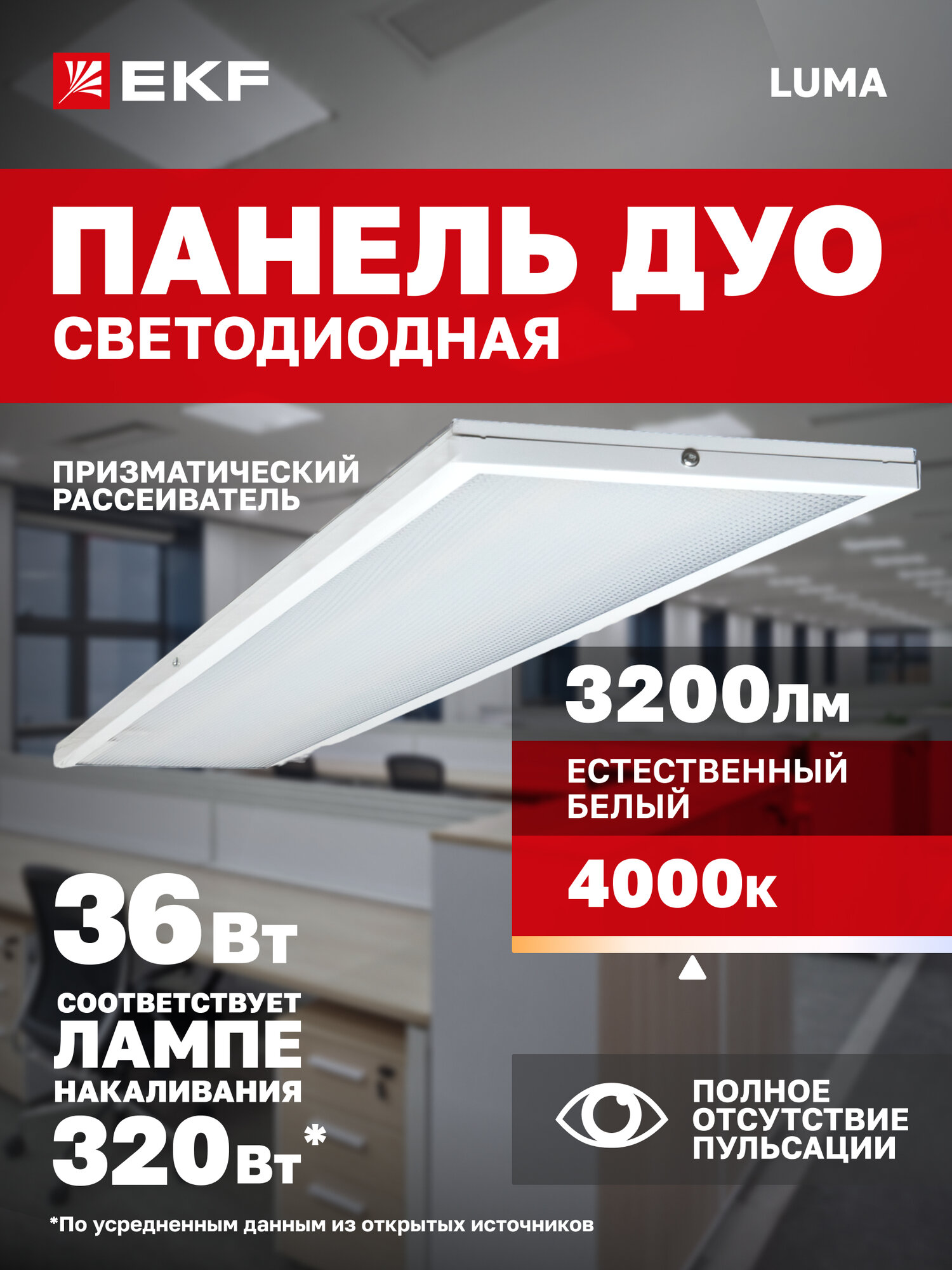 Светильник светодиодный EKF LUMA ДВО 4111-Z 36Вт 4000К IP20 рассеиватель призма