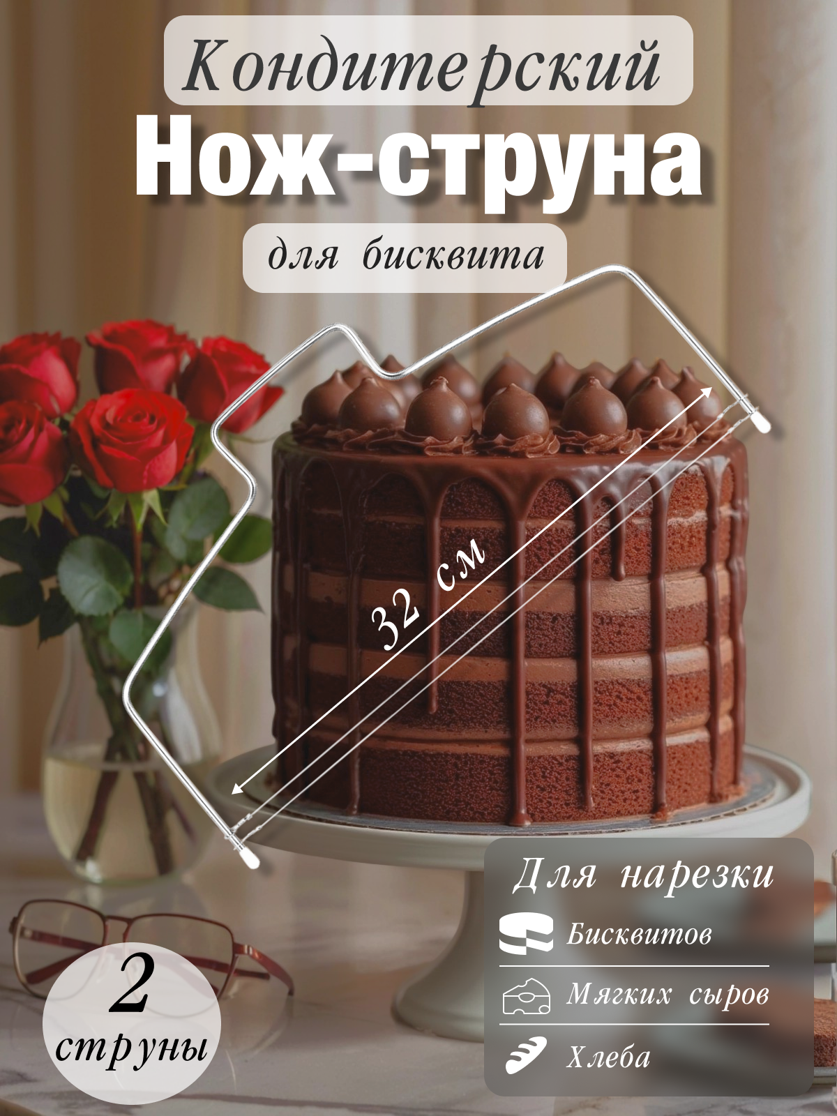 Кондитерский нож - струна для нарезки бисквита на коржи, торторезка двухструнная , 32 см