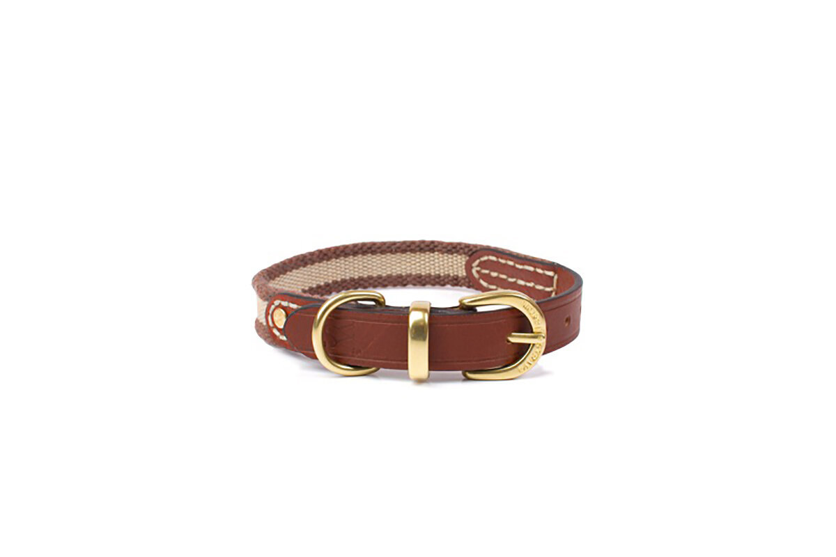Ошейник для собак кожаный Waifs&Strays Classic комбинированный (коричневая кожа/бежевая тесьма), размер S (21,5 - 26,5 см)