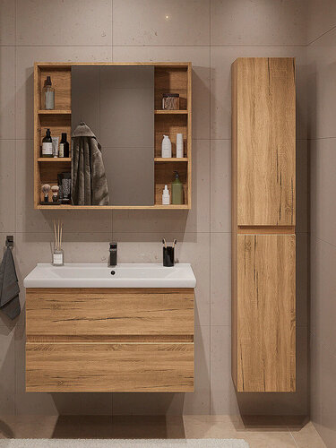 Изображение товара Тумба подвесная SanStar Lavanti 80 с раковиной Миранда 80 (комплект) для ванной комнаты Дуб вотан