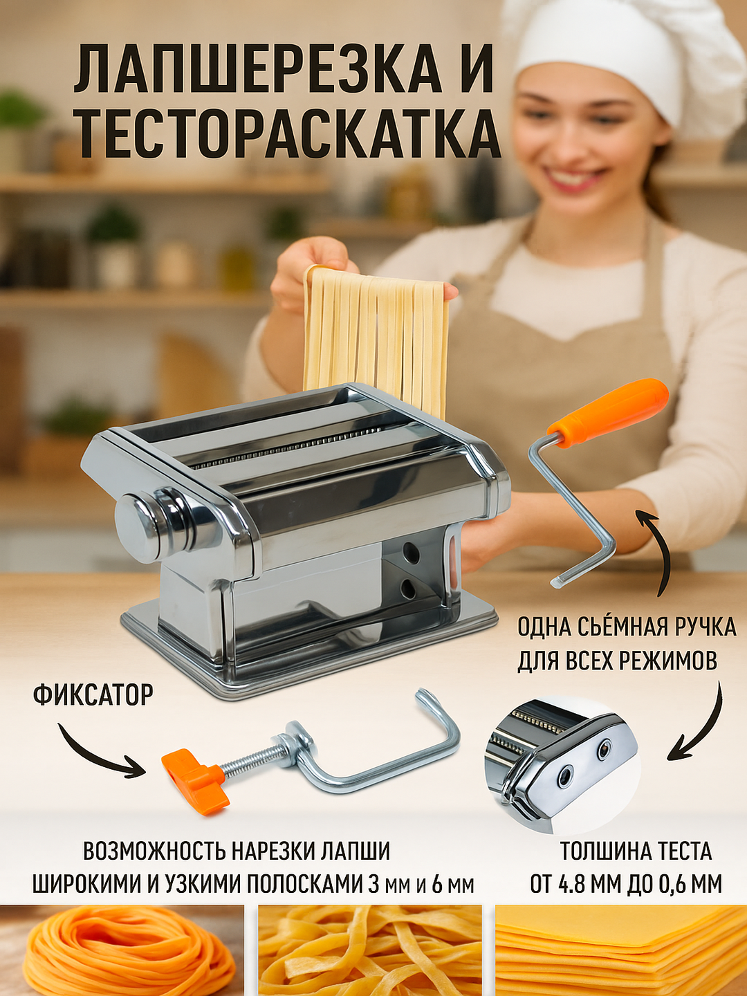 Машинка для нарезки лапши и тестораскатка, с фиксатором и съёмной ручкой, для приготовления лагмана и пасты
