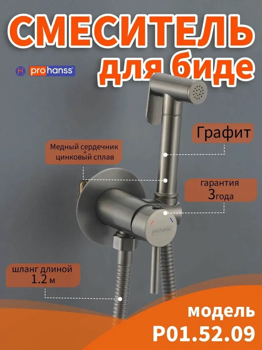 Prohanss Смеситель для биде с гигиеническим душем встраиваемый латунь+цинковый сплав P01.52.09 Графит
