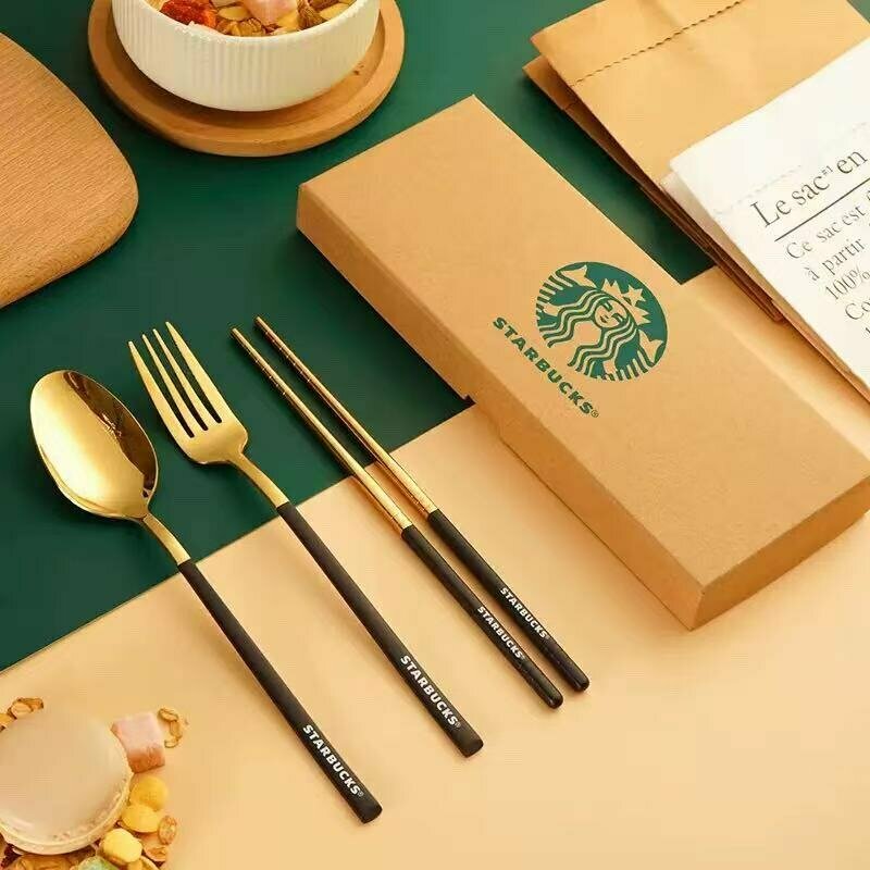 Набор столовых приборов Starbucks в подарочной упаковке, Золотисто-черный