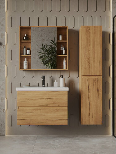 Изображение товара Тумба подвесная Vannika Vastra 80 с раковиной Como 80 для ванной комнаты, дуб вотан