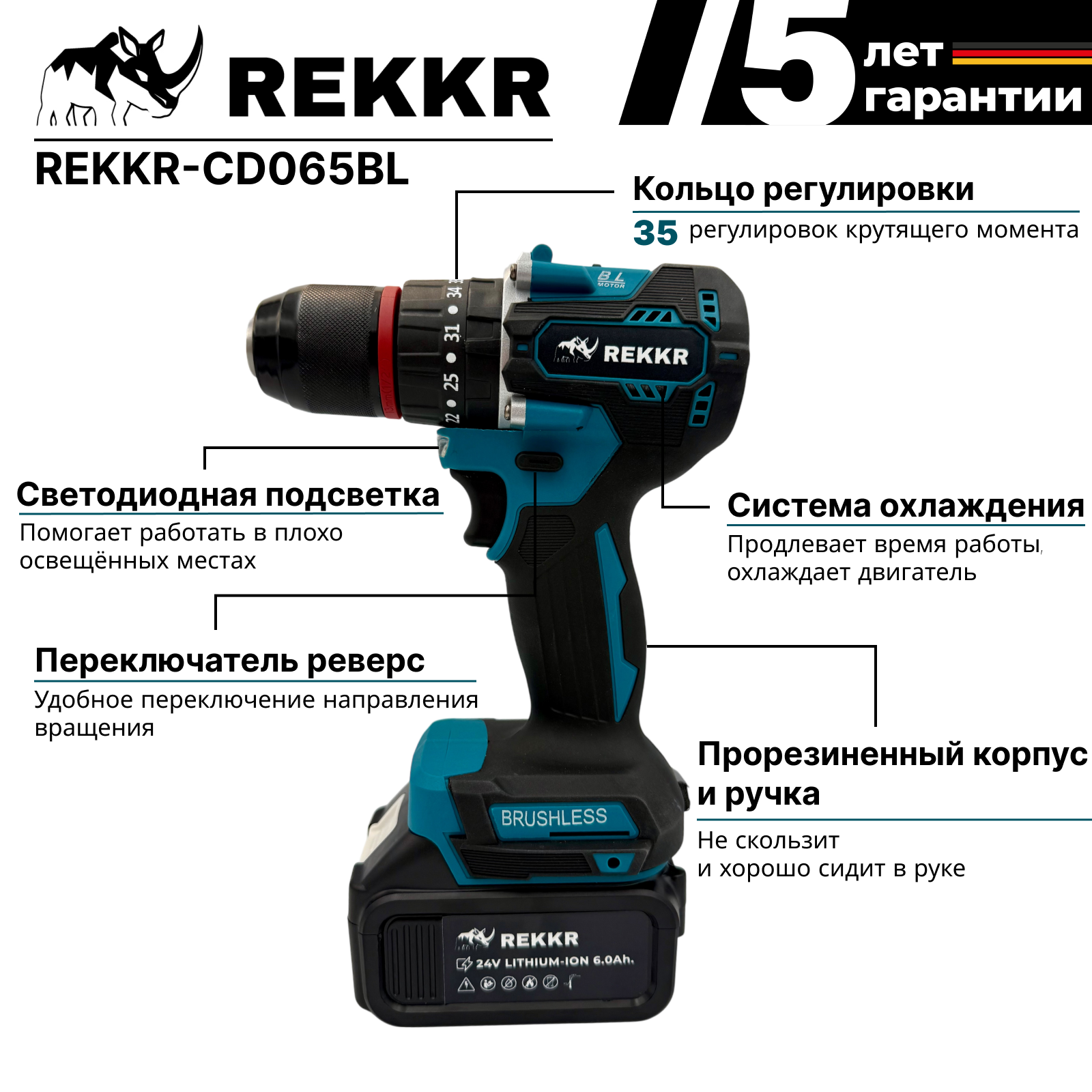 Набор 4в1 REKKR ST041BL, шуруповерт, гайковерт, перфоратор, ушм, 4 аккумулятора 24В 6.0Ач, расширенная комплектация — фото 1
