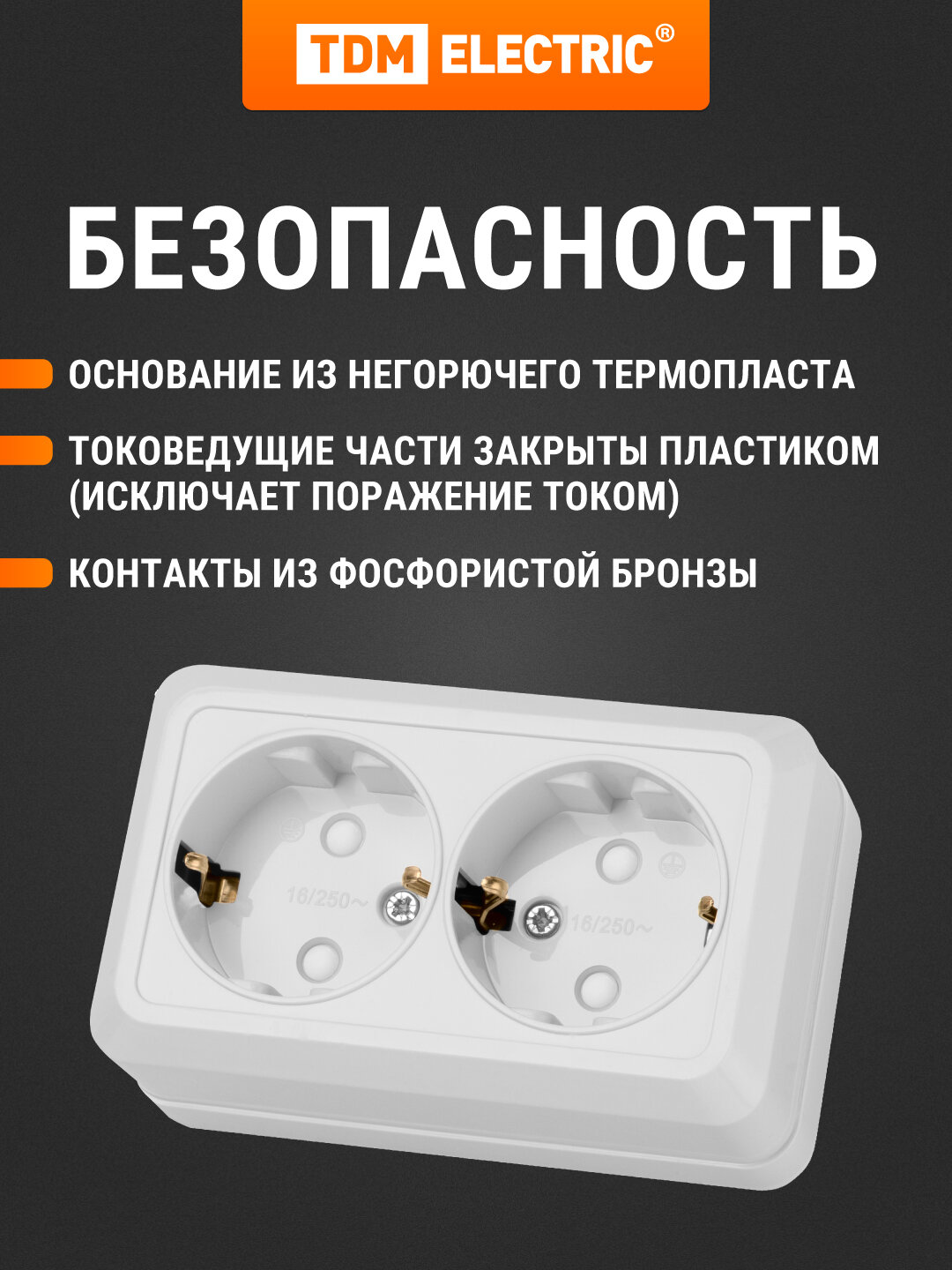 Розетка двойная 2П+З открытой установки с з/ш IP20 16А, белый "Ладога" TDM — фото 1