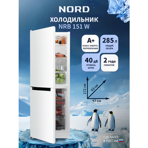 фото Двухкамерный холодильник nord nrb 151 w с нижней морозилкой, отдельностоящий норд объемом 285 л, белый